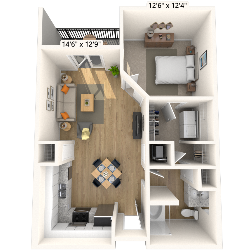 Floor plan for 1 bed, 1 bath, 720 sqft