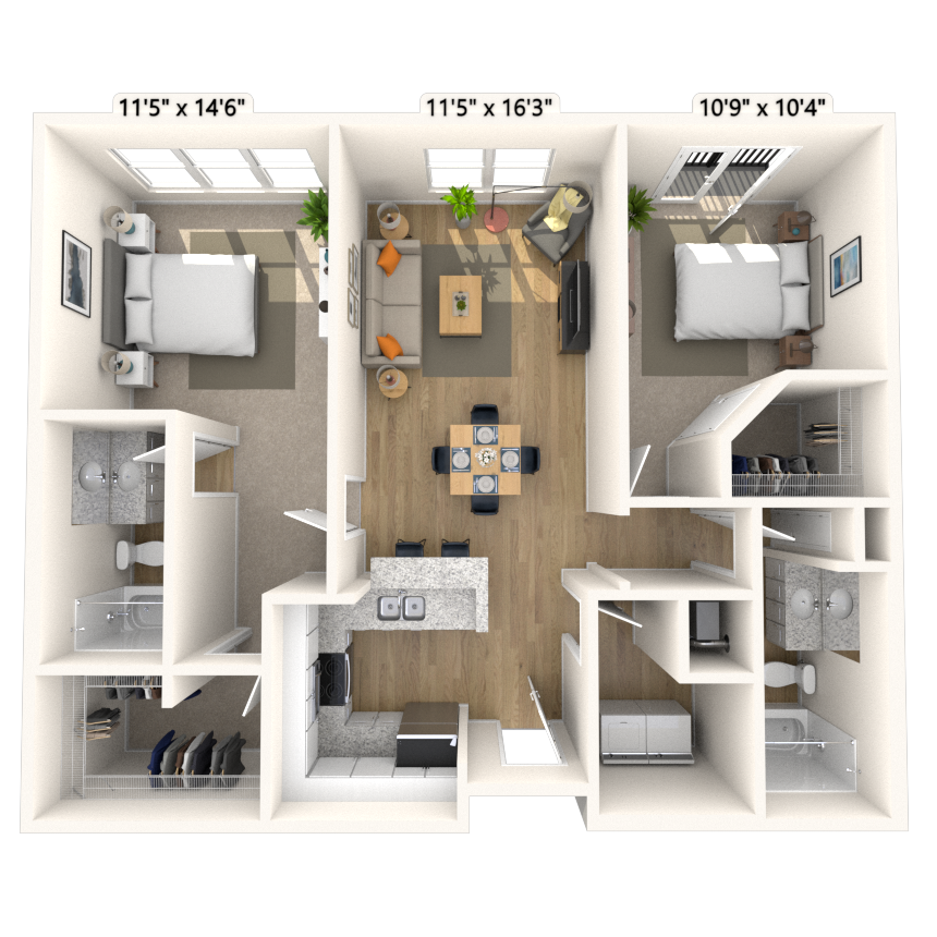 Floor plan for 2 beds, 2 baths, 1090 sqft