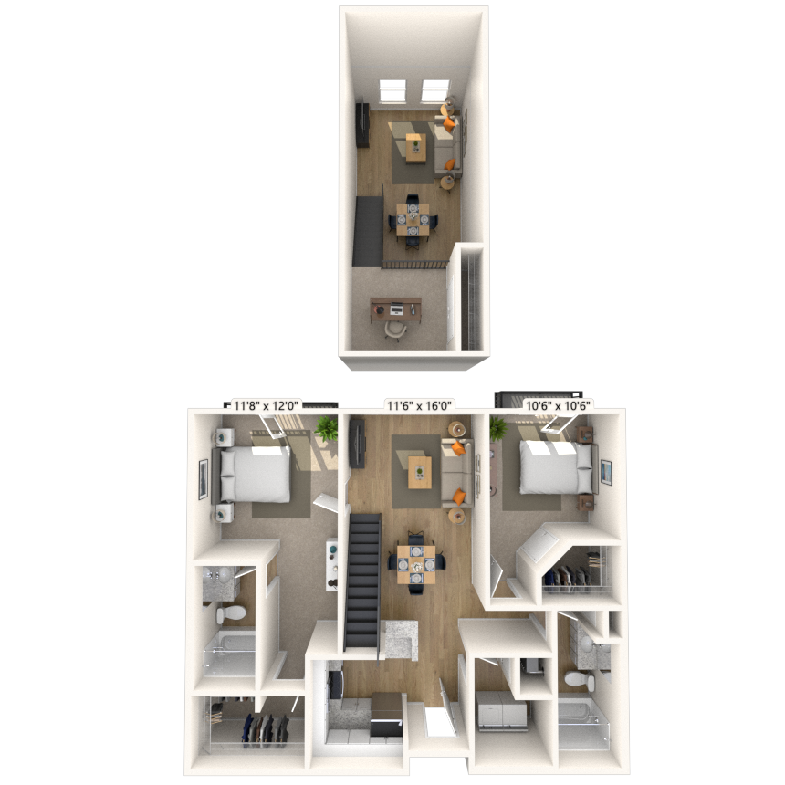 Floor plan for 2 beds, 2 baths, 1272 sqft
