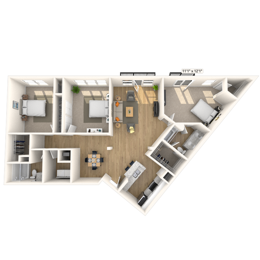 Floor plan for 3 beds, 2 baths, 1676 sqft