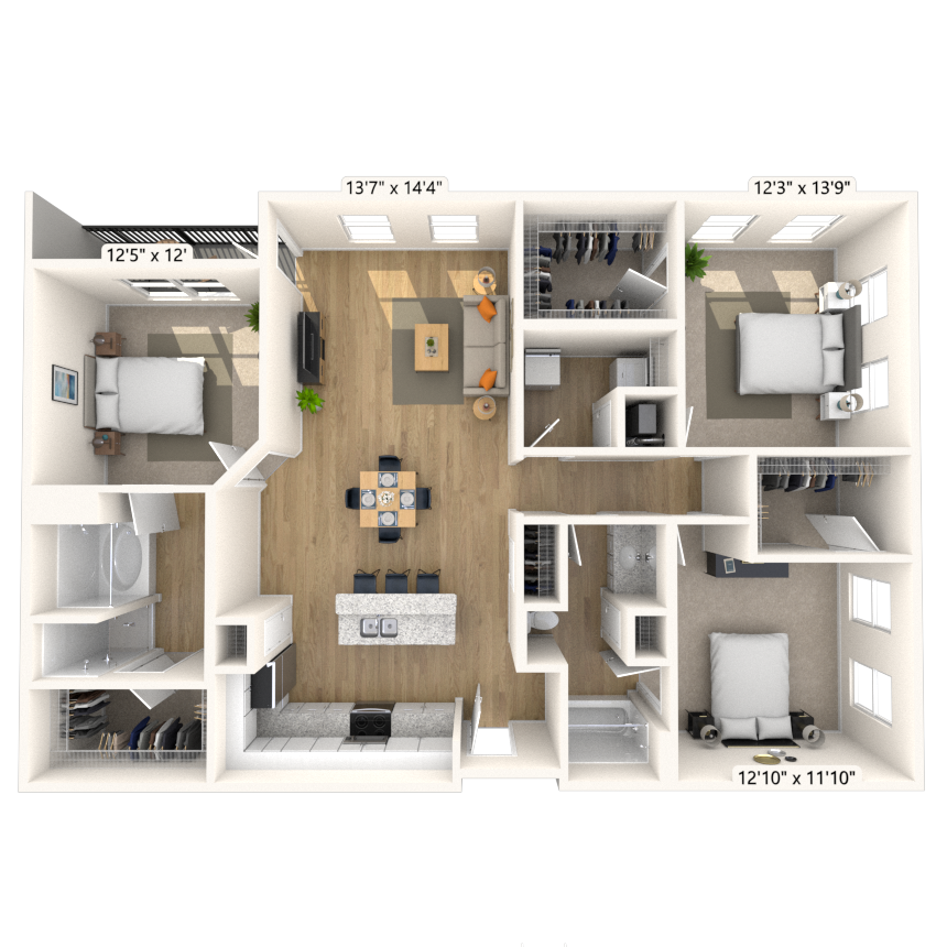 Floor plan for 3 beds, 2 baths, 1505 sqft
