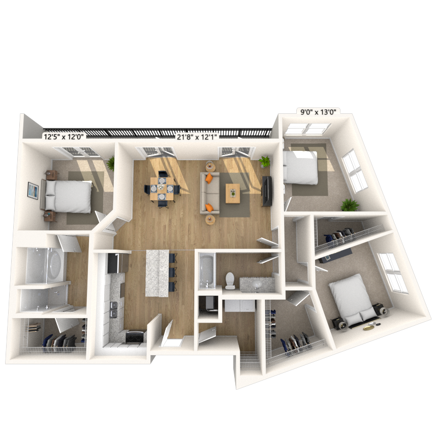 Floor plan for 3 beds, 2 baths, 1476 sqft