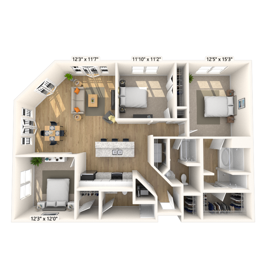 Floor plan for 3 beds, 2 baths, 1516 sqft