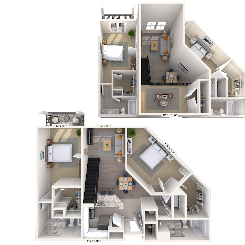 Floor plan for 2 beds, 2 baths, 1327 sqft