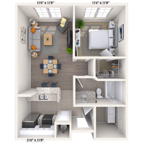 Floor plan for 1 bed, 1 bath, 676 sqft
