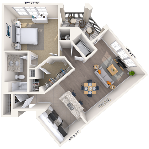 Floor plan for 1 bed, 1 bath, 885 sqft