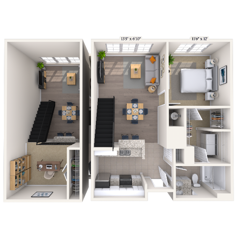 Floor plan for 1 bed, 1 bath, 894 sqft