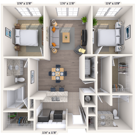 Floor plan for 2 beds, 2 baths, 1132 sqft