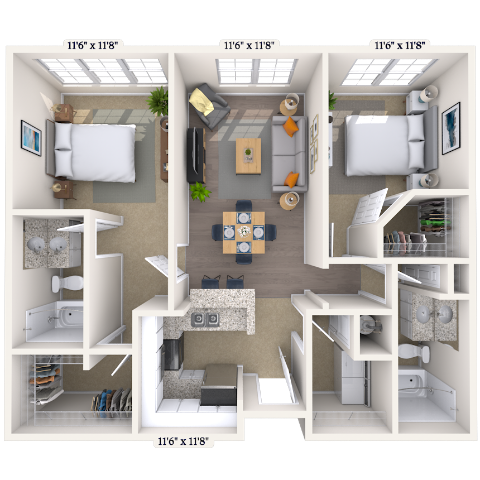 Floor plan for 2 beds, 2 baths, 1083 sqft