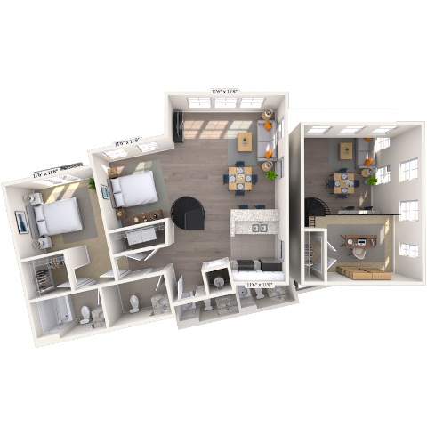 Floor plan for 2 beds, 2 baths, 1192 sqft