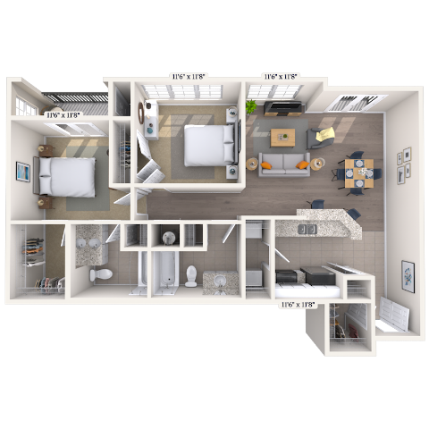 Floor plan for 2 beds, 2 baths, 1157 sqft