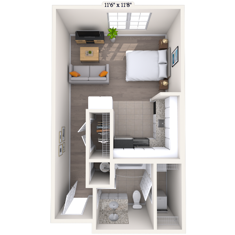 Floor plan for studio, 1 bath, 595 sqft