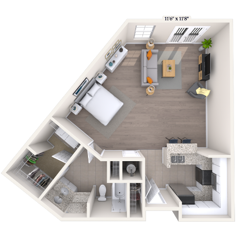 Floor plan for studio, 1 bath, 742 sqft