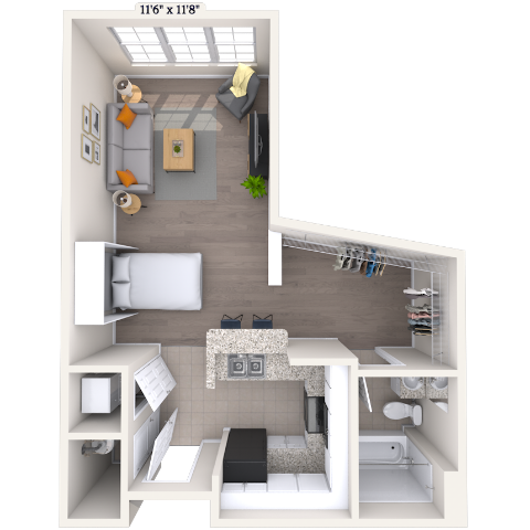 Floor plan for studio, 1 bath, 740 sqft