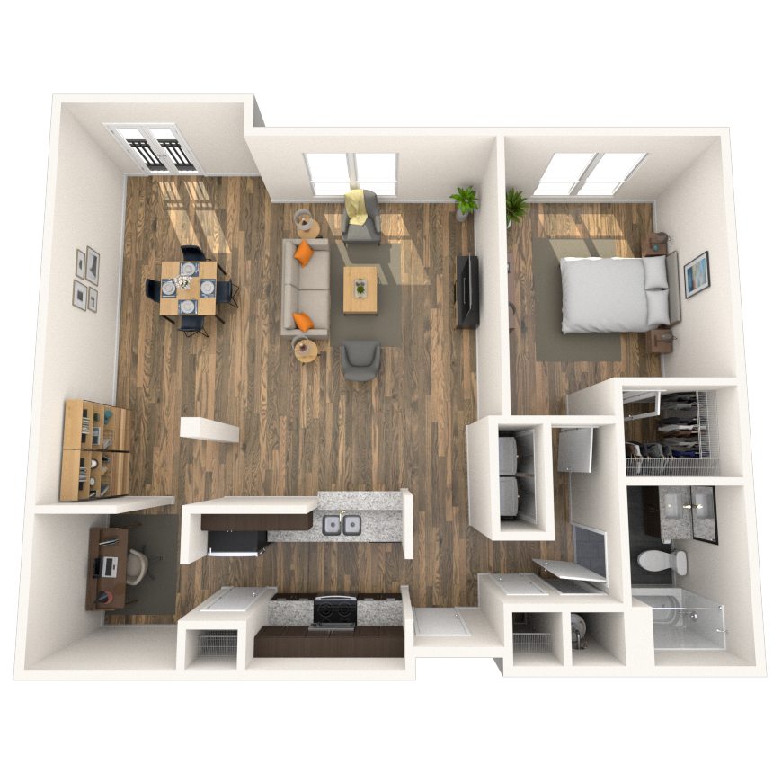 Floor plan for 1 bed, 1 bath, 880 sqft
