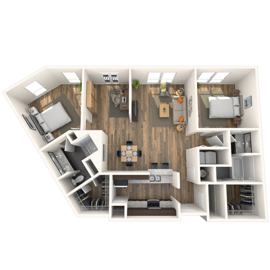 Floor plan for 2 beds, 2 baths, 1303 sqft