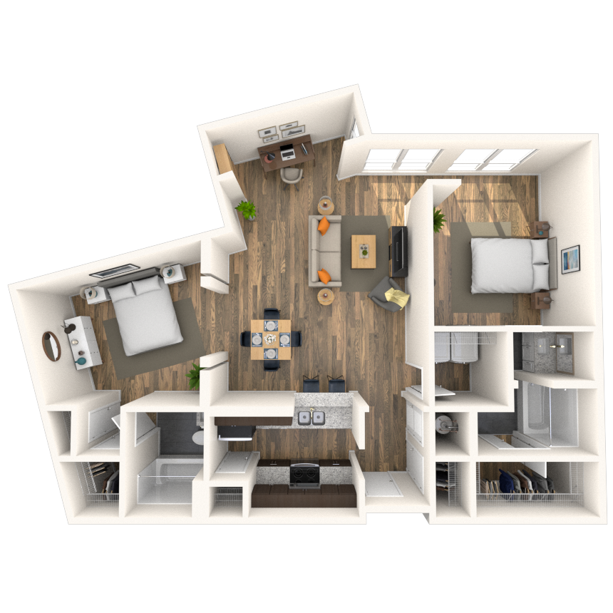 Floor plan for 2 beds, 2 baths, 1161 sqft