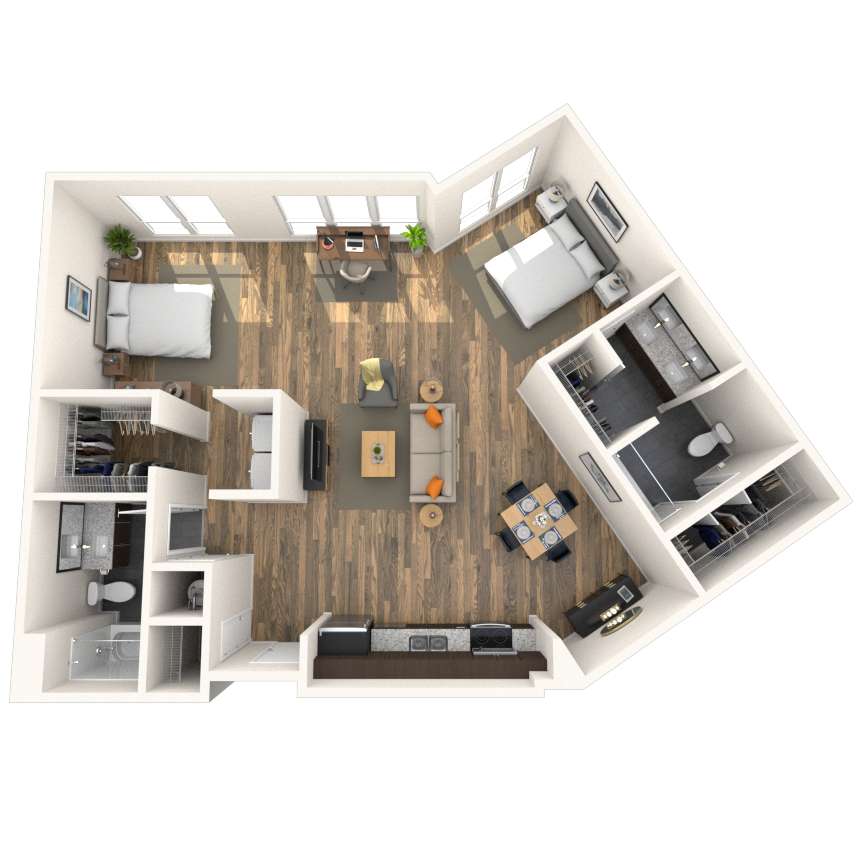 Floor plan for 2 beds, 2 baths, 1247 sqft