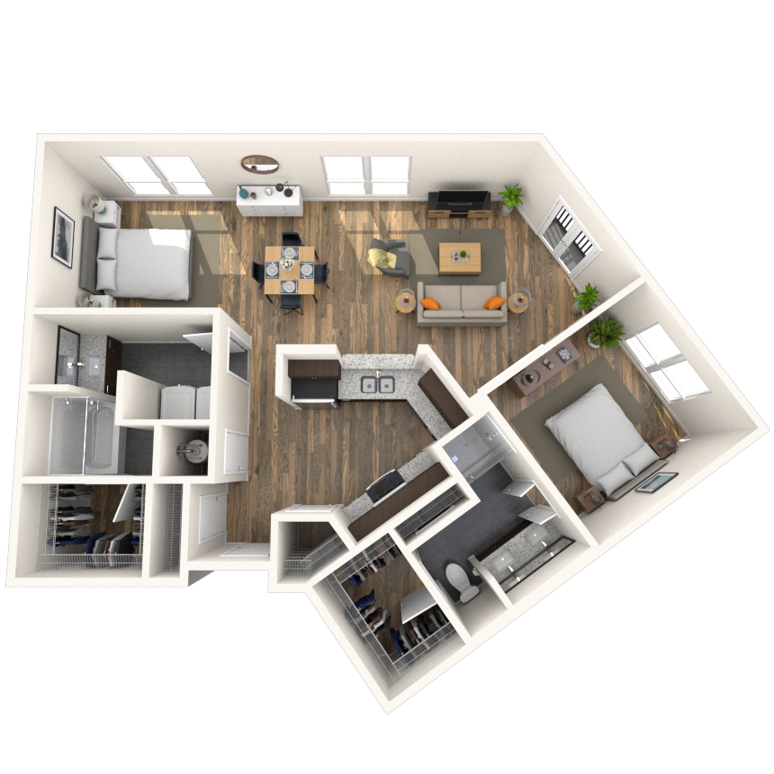 Floor plan for 2 beds, 2 baths, 1169 sqft