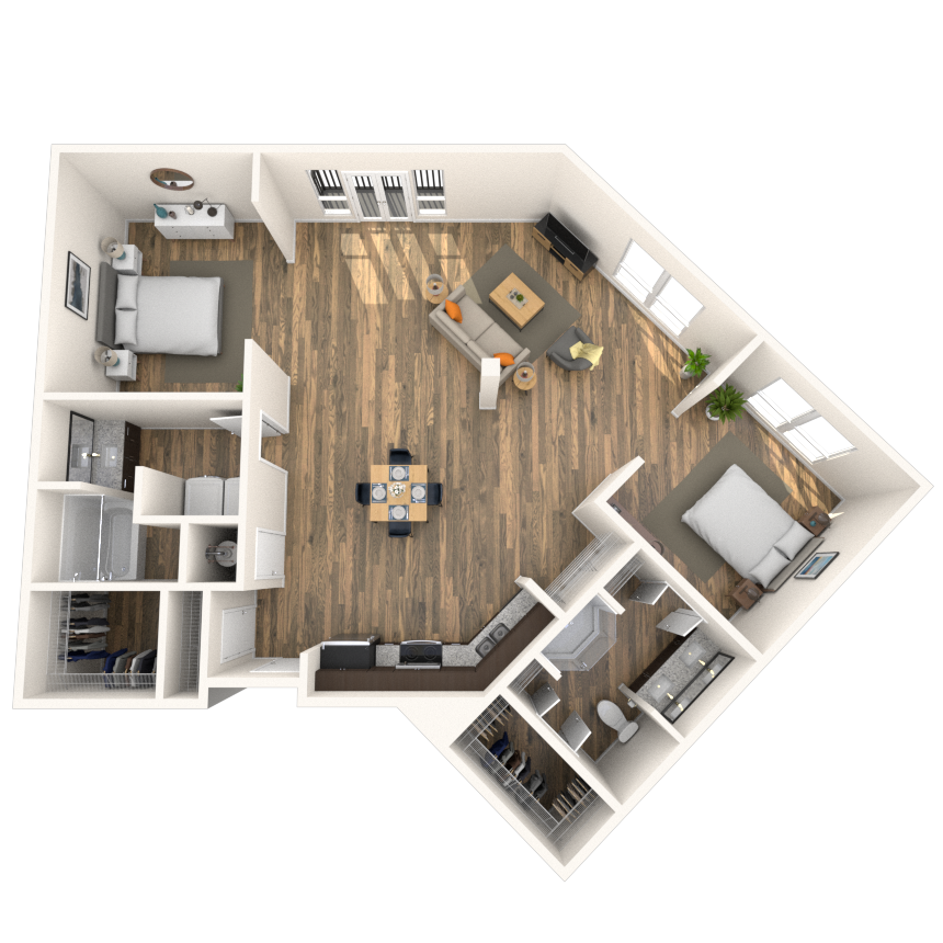 Floor plan for 2 beds, 2 baths, 1341 sqft