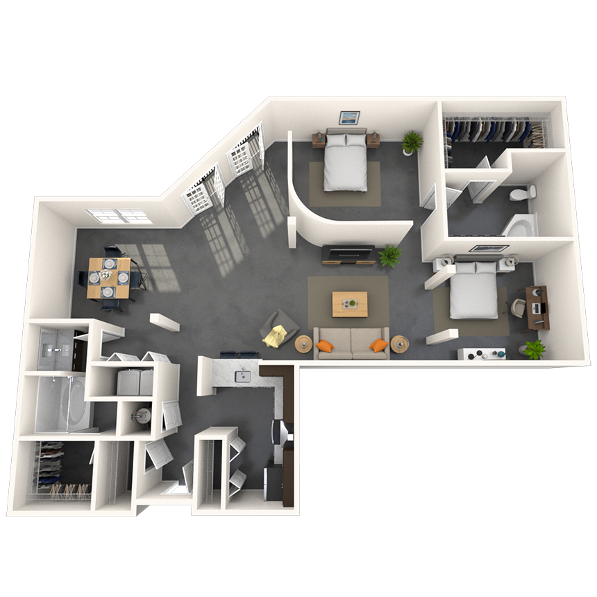 Floor plan for 2 beds, 2 baths, 1429 sqft