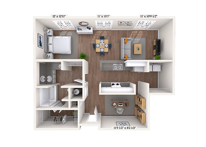 Floor plan for studio, 1 bath, 955 sqft