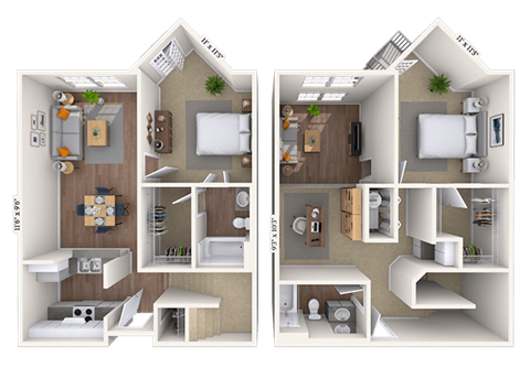 Floor plan for 2 beds, 2 baths, 1234 sqft