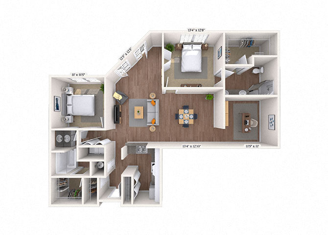 Floor plan for 2 beds, 2 baths, 1429 sqft