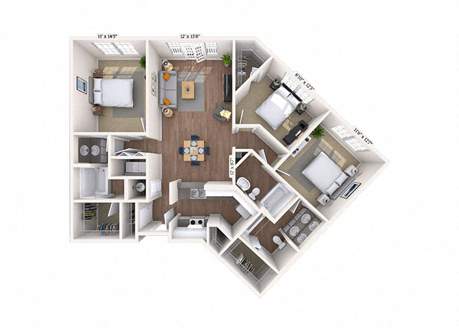 Floor plan for 3 beds, 3 baths, 1341 sqft