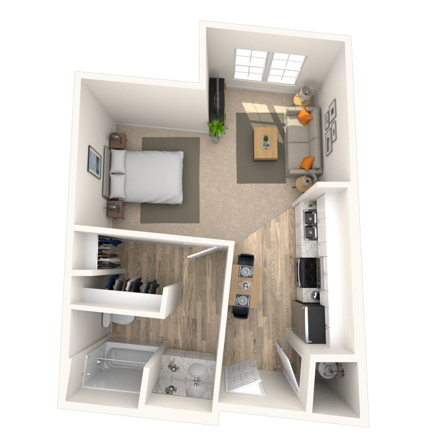 Floor plan for studio, 1 bath, 543 sqft