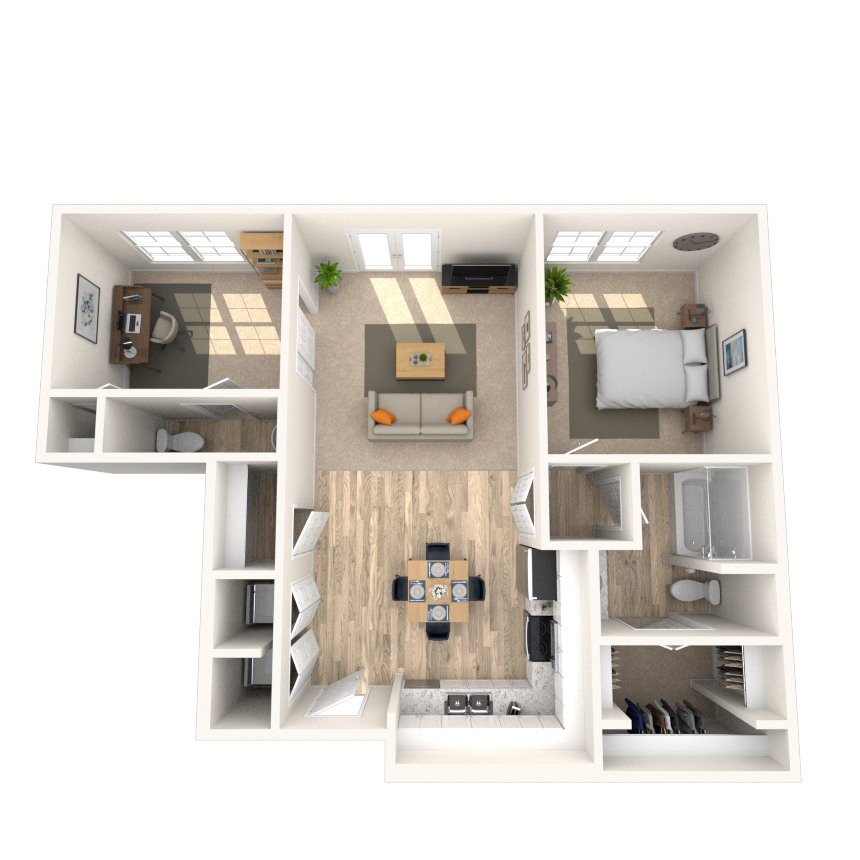 Floor plan for 2 beds, 1.5 baths, 963 sqft