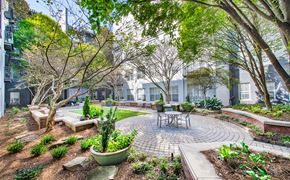 Atlanta apartment for rent - a courtyard with trees and a round patio with a table and chairs