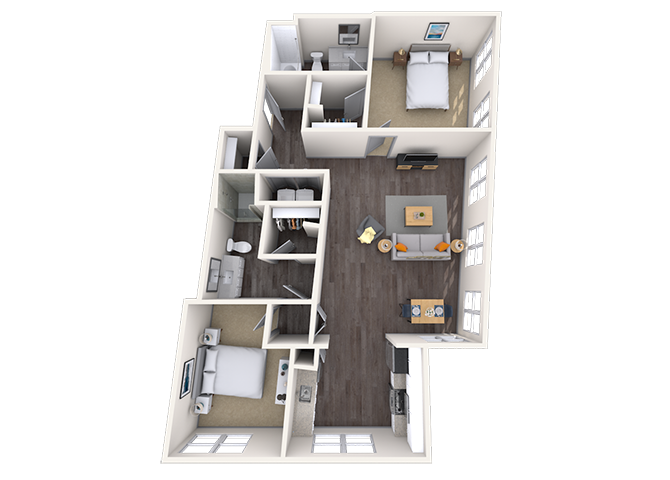 Floor plan for 2 beds, 2 baths, 1032 sqft