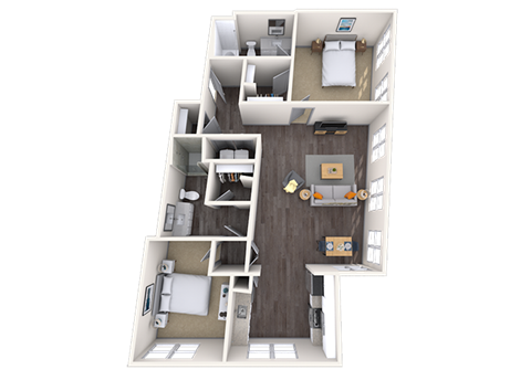 Floor plan for 2 beds, 2.5 baths, 1242 sqft