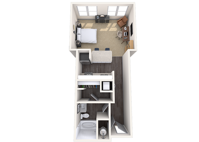 Floor plan for studio, 1 bath, 585 sqft