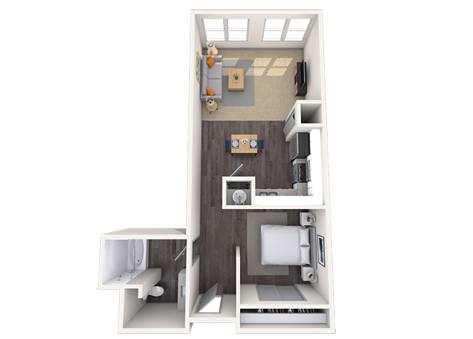 Floor plan for studio, 1 bath, 723 sqft