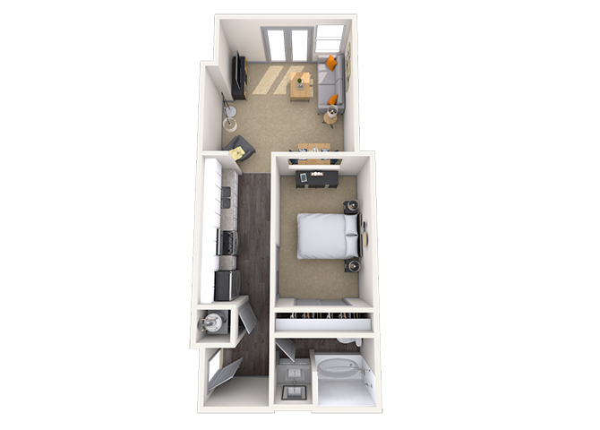 Floor plan for 1 bed, 1 bath, 619 sqft
