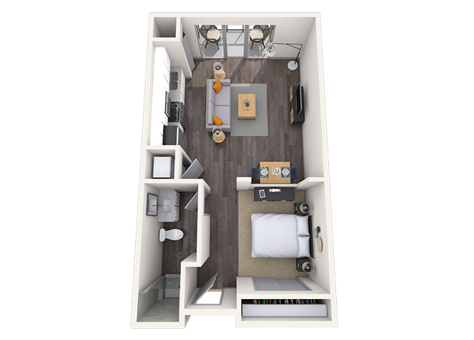 Floor plan for studio, 1 bath, 617 sqft