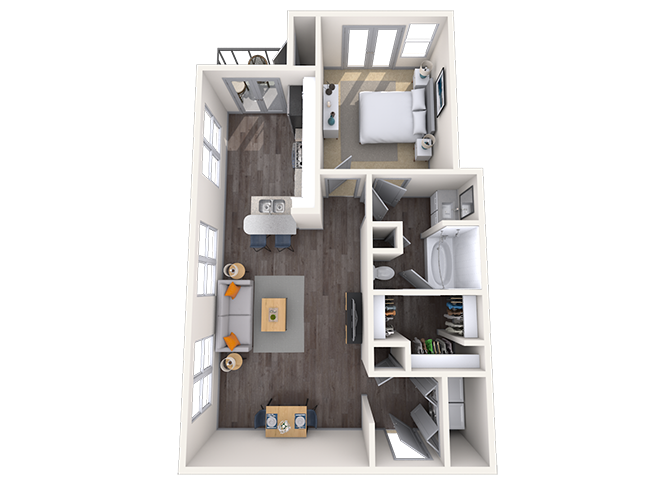 Floor plan for 1 bed, 1 bath, 955 sqft