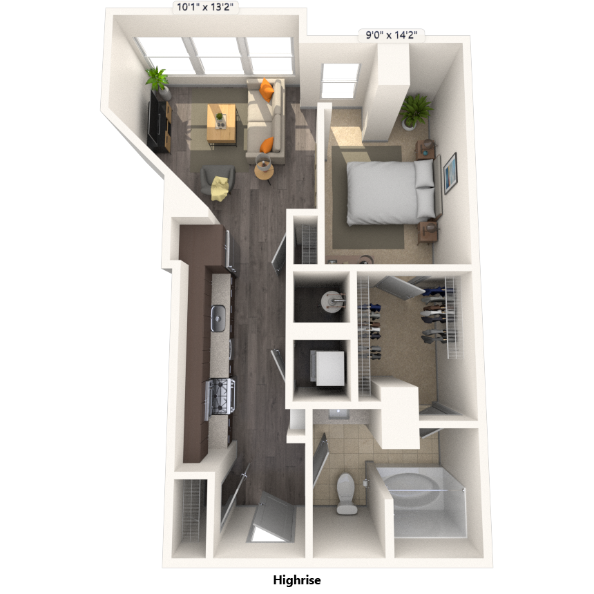Floor plan for studio, 1 bath, 634 sqft