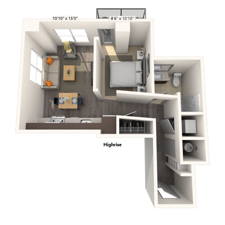 Floor plan for studio, 1 bath, 589 sqft