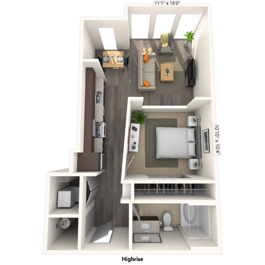 Floor plan for studio, 1 bath, 645 sqft