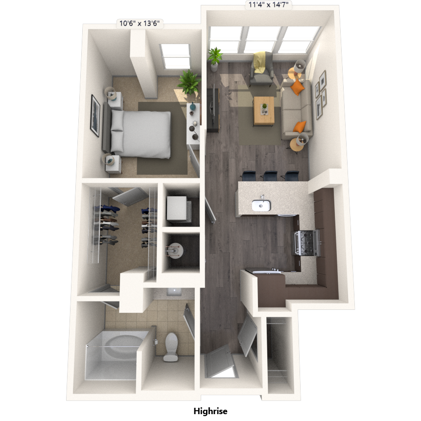 Floor plan for 1 bed, 1 bath, 751 sqft