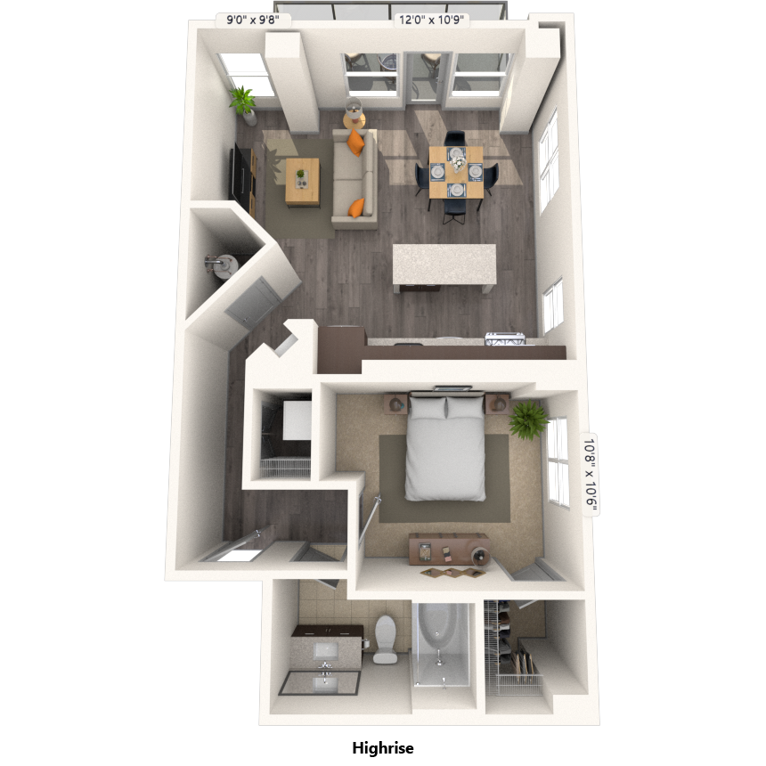 Floor plan for 1 bed, 1 bath, 798 sqft