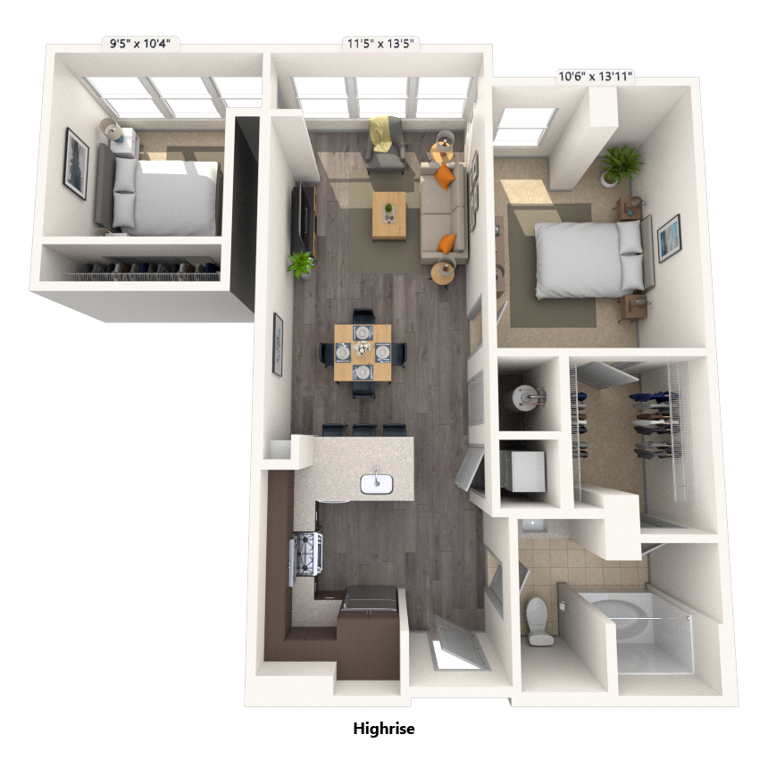 Floor plan for 2 beds, 1 bath, 892 sqft
