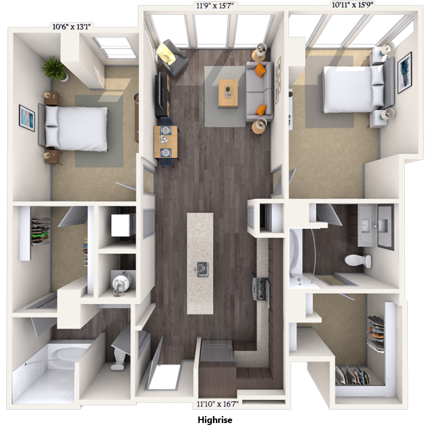 Floor plan for 2 beds, 2 baths, 1093 sqft