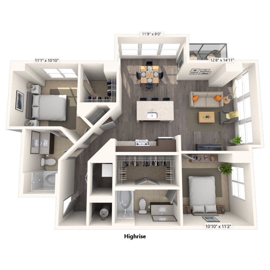 Floor plan for 2 beds, 2 baths, 1149 sqft