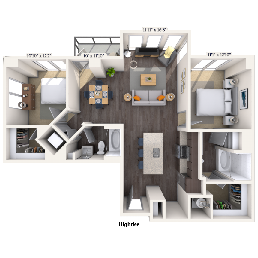 Floor plan for 2 beds, 2 baths, 1202 sqft