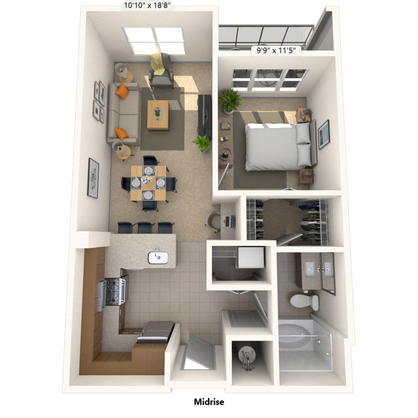 Floor plan for 1 bed, 1 bath, 857 sqft