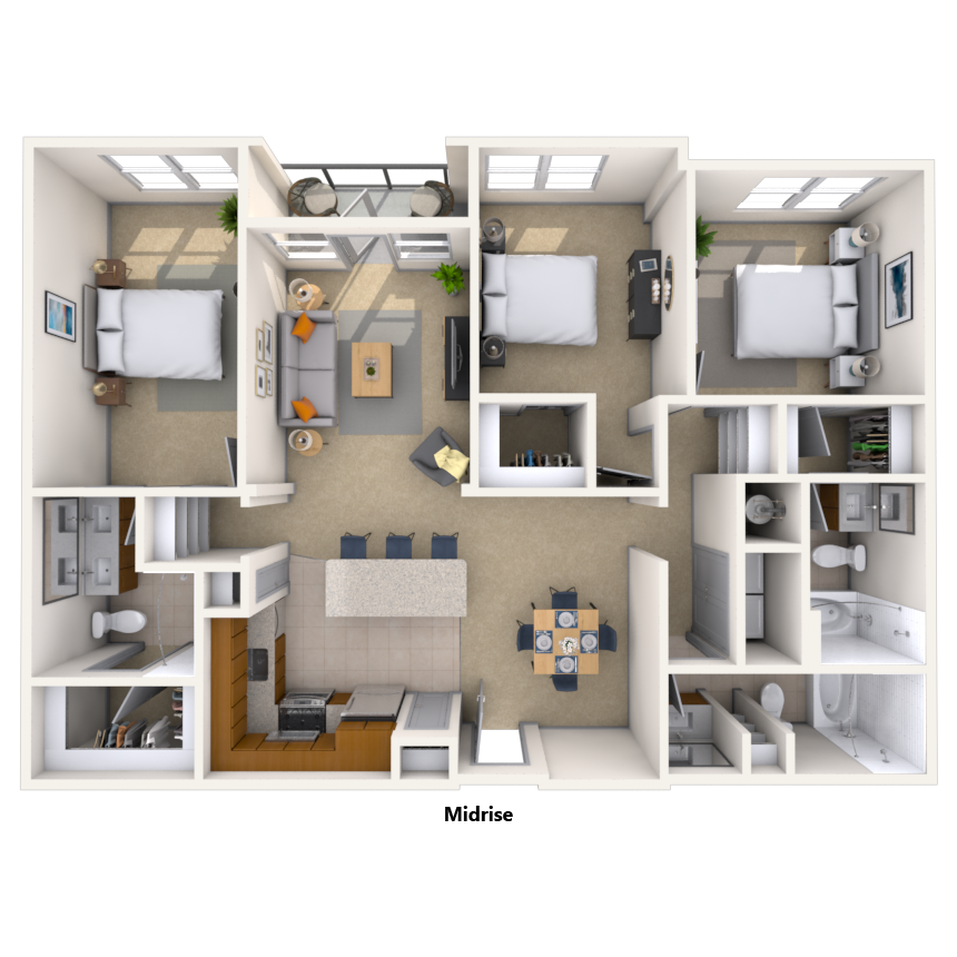 Floor plan for 3 beds, 3 baths, 1549 sqft